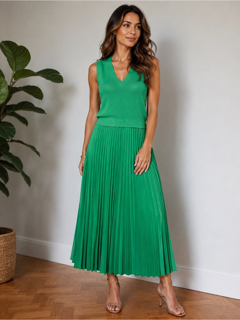 Current Air Los Angeles Green Pleated Midi Dress – Size L